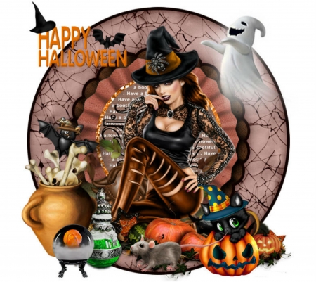 WITCH'S EVE - cat, female, pumpkins, witch