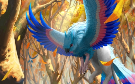 Minigriphon - blue, wings, bird, mini, orange, yujuhsu, yu ju hsu, fantasy, autumn, leaf, luminos, pasari, gryphon, forest