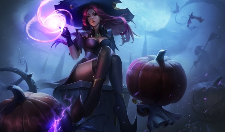 Halloween witch - blue, night, girl, witch, halloween, moon, fantasy, allen hsieh, luna, pumpkin, luminos