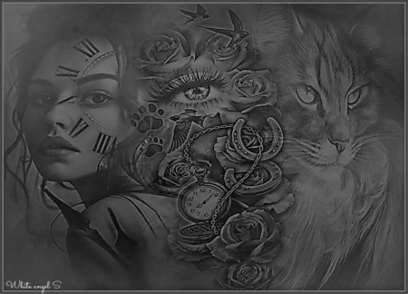 time - animal, lady, black and white, eyes, face, cat