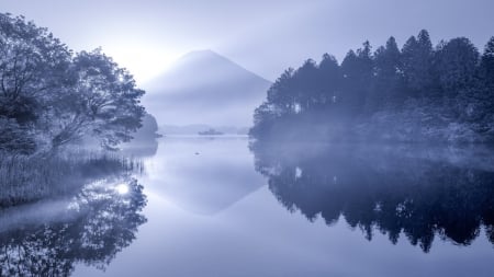 Reflection in Morning Haze - haze, water, nature, lake, morning, forest, mountains, reflection