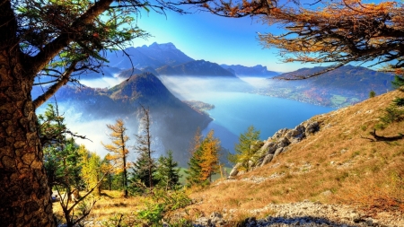 Mountain Lake in the Morning - haze, nature, mist, lake, mountains