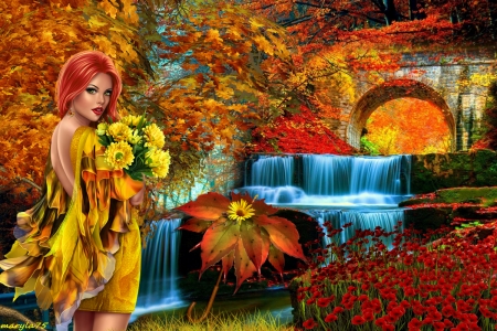 autumn - trees, water, girl, flower, tree, umbrella, nature, waterfall, autumn, nice