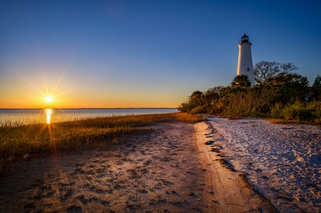 Coastal Sunset - beach, coast, lighthouse, nature, sunset