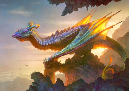 Dragon - colorful, fantasy, dragon, rainbow, wings, kou takkano, art, luminos