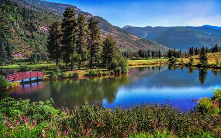 Rivers in the Mountains - bridge, landscape, mountains, nature, river, trees