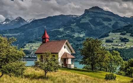 Houses Scenery - trees, nature, Switzerland, landscape, grass, houses, mountains