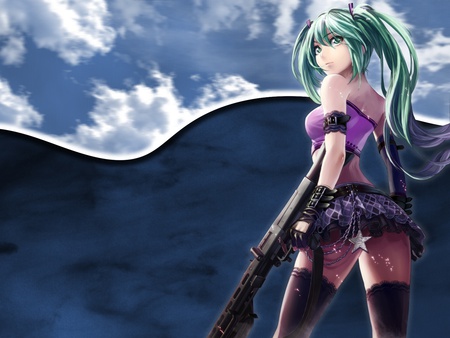 Miku wallpaper - clouds, miku, blue, gun, cloud, hatsune