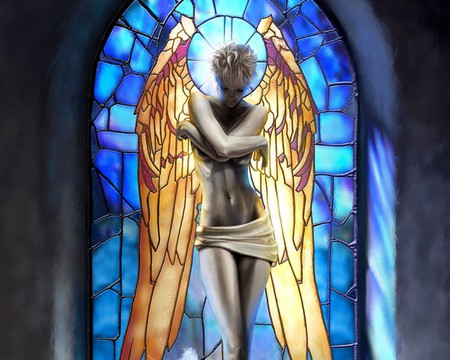 Angel - woman, window, painting, wings, beautyful, light, art, glass