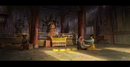 Ritual - art, couple, fantasy, girl, luminos, qingkai yang, temple