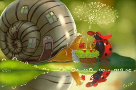 Good morning! - ladybug, morning, oleksandr storozhuk, snail, cup, reflection, fantasy, green, red, luminos, water, insect