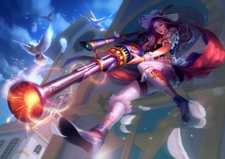 Sniper - blue, frumusete, bird, dove, girl, sniper, jerry loh, fantasy, red, game, luminos, pasari