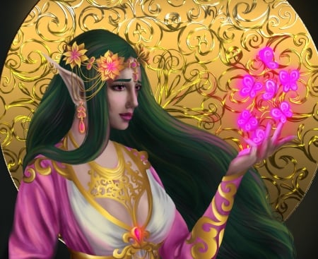 Fantasy girl - girl, orchid, gold, pink, shennik1239, fantasy, golden, luminos, hanf