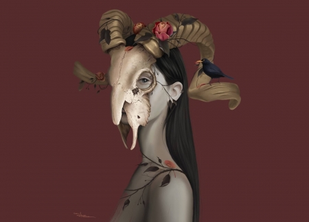 Human garden - gabriel antunez, bones, bird, art, horns, garden, girl, human, fantasy, flower, red, luminos