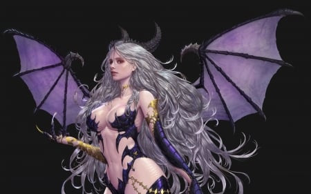 Succubus - bat, girl, horns, succubus, black, fantasy, purple, wings, muel kim, demon