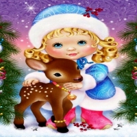 Christmas Girl And Fawn WithSnow