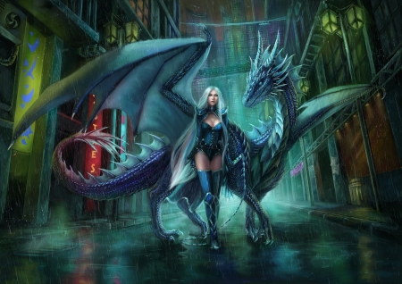 Girl and dragon - fantasy, dragon, blue, green, rain, girl, luminos