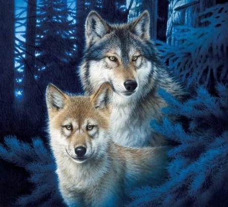 Wolves - cub, blue, wolf, forest, lup, white, painting, cute, mother