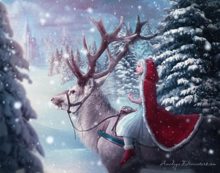 Gerda - amedeya ay, winter, rd, girl, horns, christmas, fantasy, craciun, reindeer, luminos