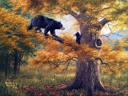 Autumn tree - cub, orange, abraham hunter, tree, bear, pictura, urs, toamna, autumn, painting, leaf, art