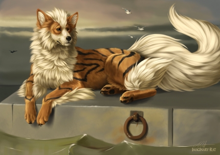 A distinguished member of the pokemon society - golden, frumusete, white, vulpe, fox, tail, imaginary rat, fantasy, agnes christiansson, luminos, creature, pokemon