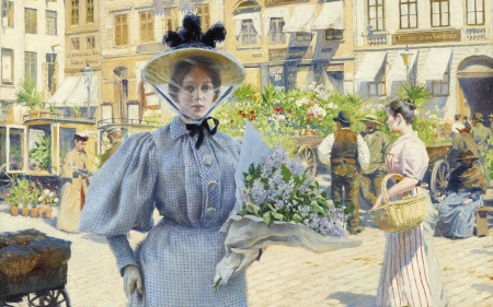 lower Market at Heibro Square in Copenhagen - blue, art, wife, girl, paul gustav fischer, woman, painting, pictura, artist, market, hat