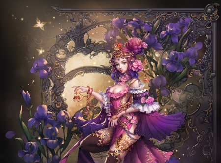 Fantasy girl - moon, alpaca sama, water lily, flower, pink, frumusete, lange, purple, mermaid, iris, luminos