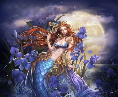 Mermaid - moon, summer, blue, girl, alpaca sama, water lily, night, flower, frumusete, fantasy, siren, mermaid, iris, vara, luminos, luna