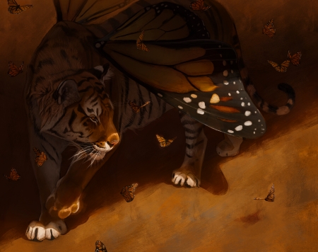 Monarch butterfly tiger - orange, tiger, cat, creature, monarch butterfly, fantasy, wings, pisici, tigru, art, luminos