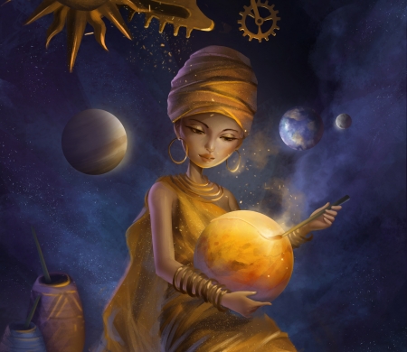 The creator - art, blue, creator, fantasy, girl, luminos, planet, thong nguyen, yellow