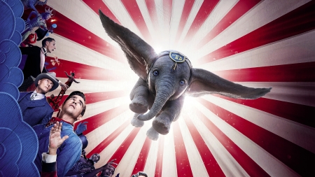 Dumbo 2019 - blue, white, poster, disney, flying, dumbo, fantasy, movie, red, elephant, circus