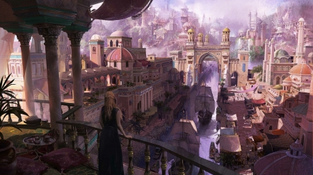 Daenerys - game of thrones, girl, terrace, city, pink, daenerys targaryen, fantasy, size, art, castle, luminos