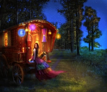 ♥ - vulpe, fox, girl, caravan, night, lantern, frumusete, colorful, fantasy, lights, gipsy, aimee stewart, luminos