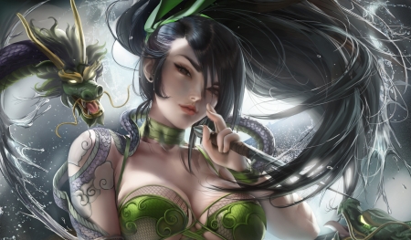 Akali - fantasy, akali, dragon, green, girl, sakimichan