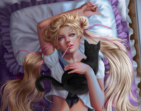 Uagi - black cat, nyan kola, blonde, usagi, girl, anime, moon, fantasy, sailor moon, luna, luminos, manga