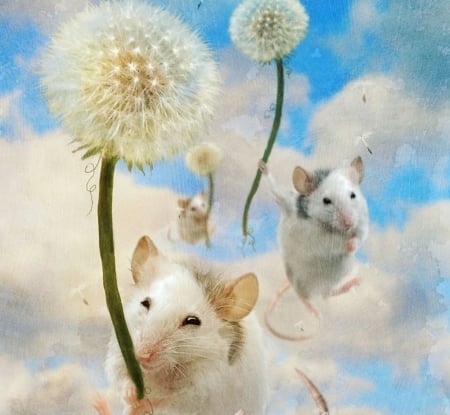 Dandemouslings - blue, mouse, dandelion, fantasy, cloud, art, luminos, sky, soricel