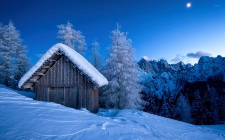 Winter Cabin - trees, evening, snow, stars, sky