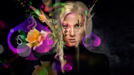 Beauty - black, model, blonde, girl, woman, pink, tony kokhan, green, yellow, flower