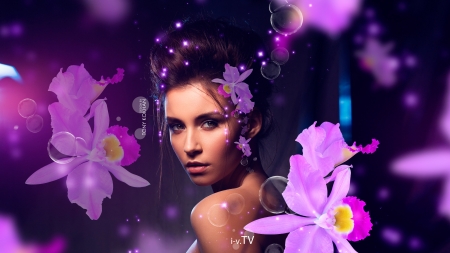 Beauty - woman, tony kokhan, model, girl, orchid, flower, pink