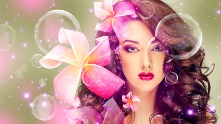 Beauty - woman, tony kokhan, model, girl, face, flower, pink