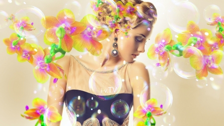 Beauty - tony kokhan, girl, flower, pink, orange, green, woman, model, bubbles