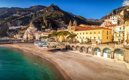 Mountain near the Shore,Italy - nature, coast, beach, mountains, houses, italy, amalfi