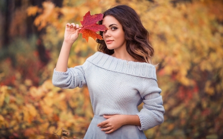 The beauty and the autumn - girl, sweet, tree, autumn