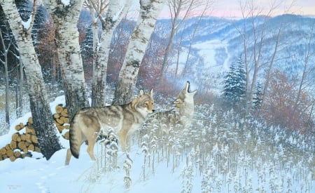 Coyotes - coyote, lup, pictura, wolf, painting, eastward bound, forest, art