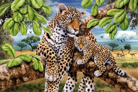 Leopards - leopard, cub, baby, tree, pictura, painting, jungle, cute, mother, art