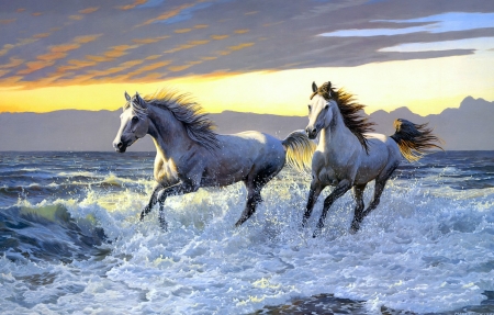 Horses - sea, horse, running, art, cal, beach, painting, pictura, water, wave, persis clayton weirs
