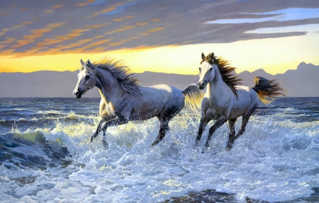 Horses - persis clayton weirs, water, running, beach, sea, cal, horse, pictura, painting, art, wave