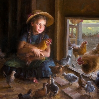 Little girl and chickens