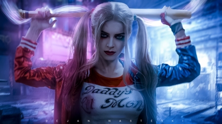 Harley Quinn - dejan nasteski, comics, fantasy, harley quinn, blue, red, girl, pink