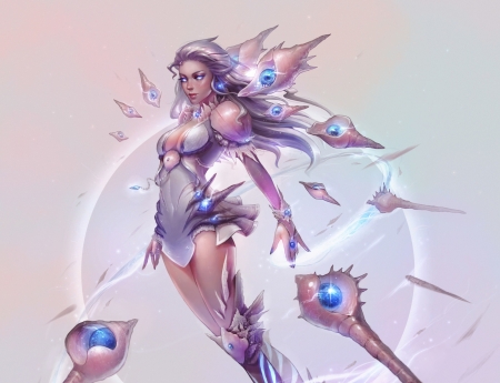 Neptune - art, blue, fantasy, girl, jenny brozek, luminos, neptune, pink, shell